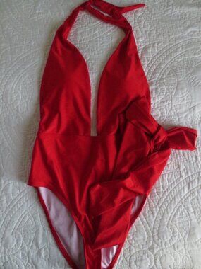 Unique Vintage X Joenic Red One Piece Deep V Plunge Halter Swimsuit